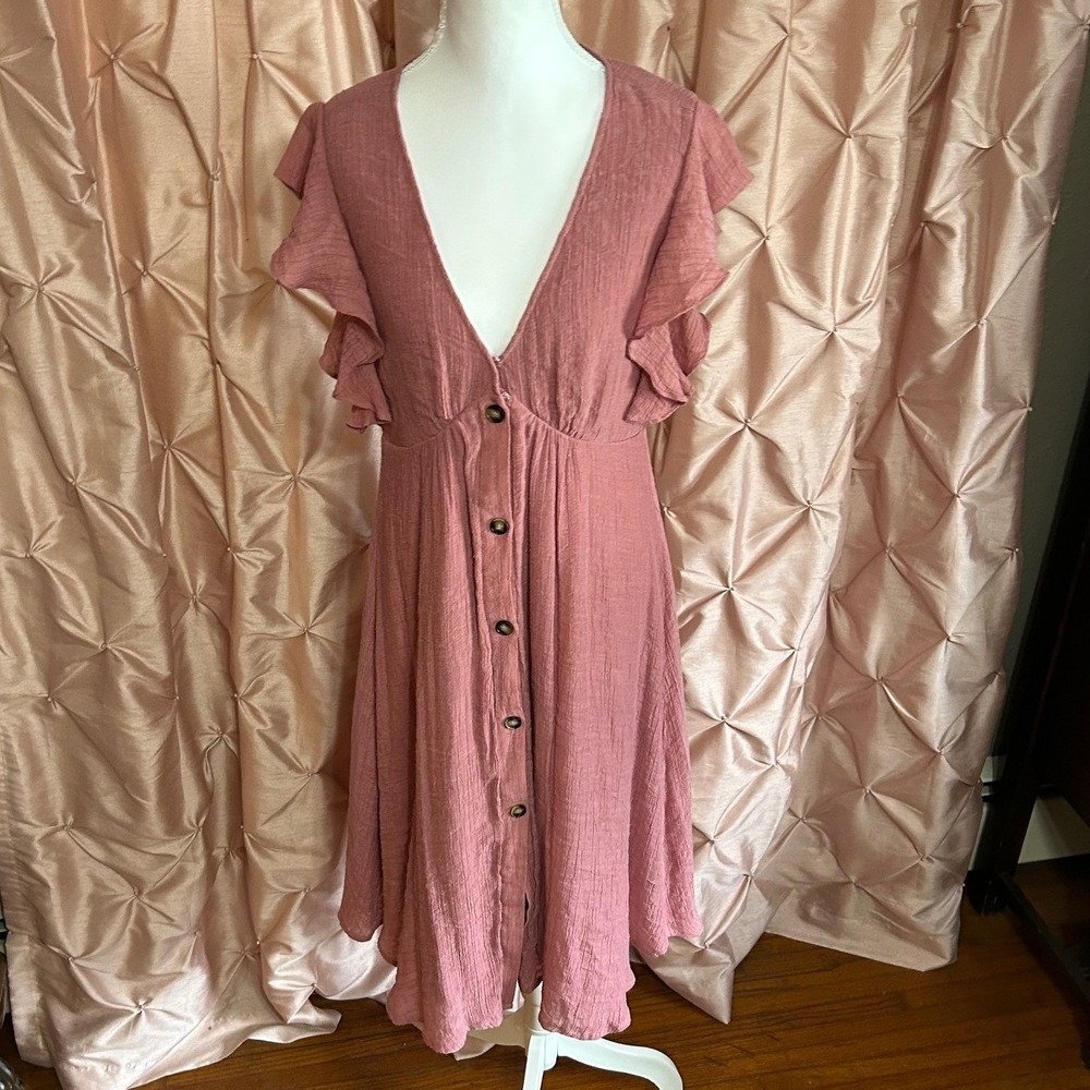 Mauve Textured Gauze Ruffle Button Front Midi Dress M Western Boho Cottagecore